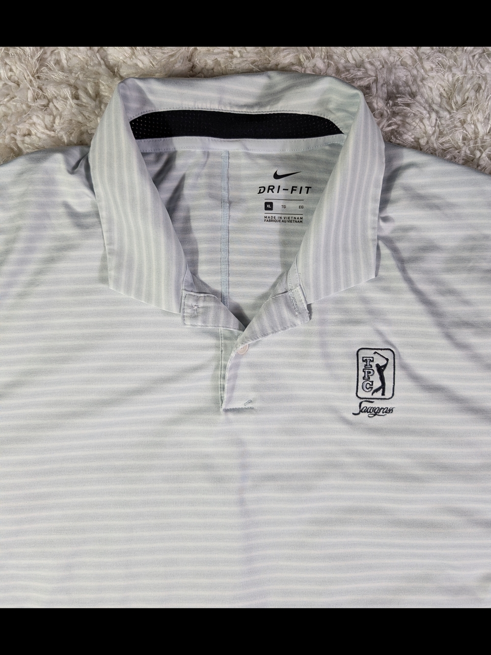 Nike Tiger WoMen’s Light Gray & White Striped Dri-FIT Polo with TPC Sawgrass